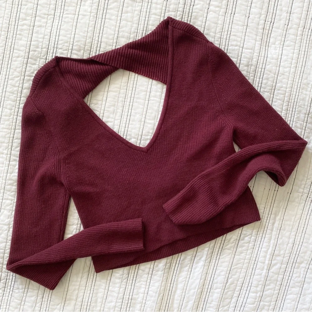 Lovers + Friends Cropped Cutout Twist Sweater in Merlot Dark Red size Small